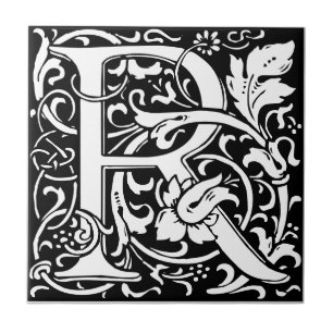 Letter R art nouveau black and white Tile
