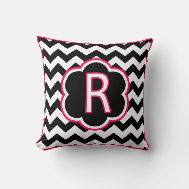 Letter R Black and White Chevron Monogram Throw Pillow (Front)