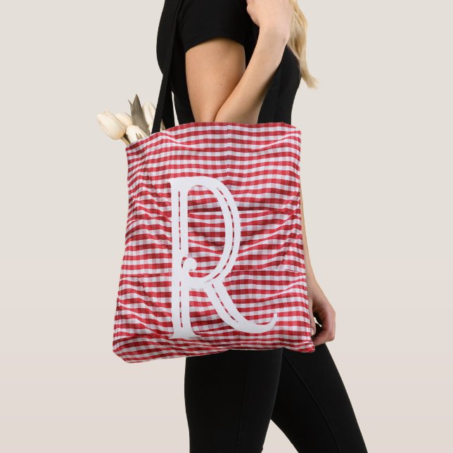Letter R Checkered Tablecloth Tote Bag (Close Up)