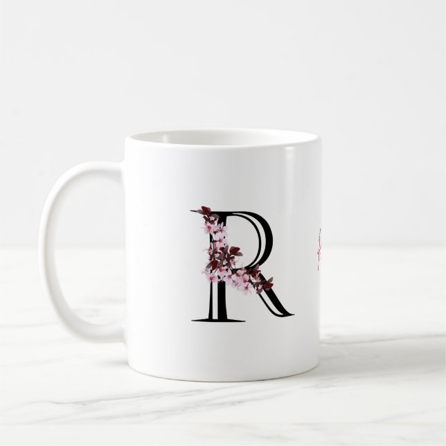 Letter R, Cherry Blossom | Monogram Script Name Coffee Mug (Left)