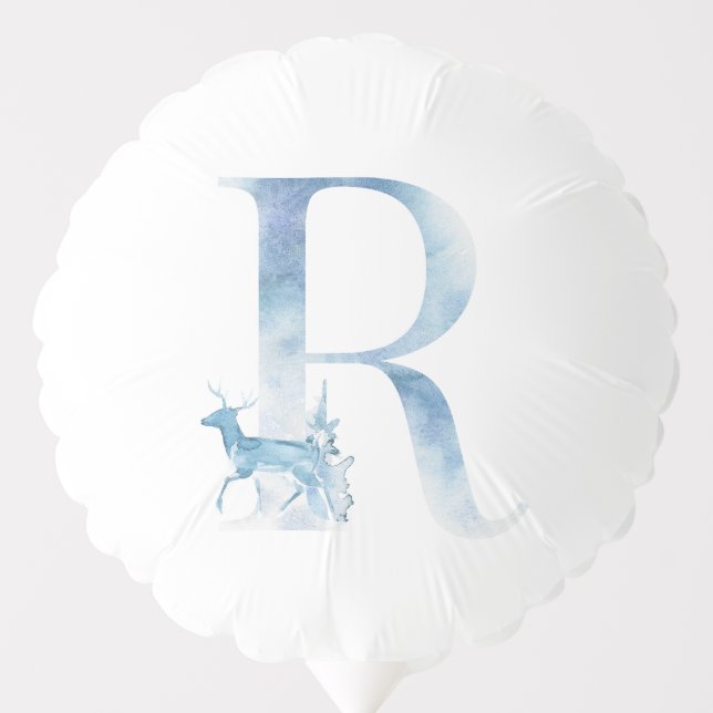 Letter R Dusty Blue Winter Forest Monogram Initial Balloon (Front)