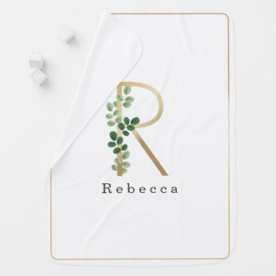 Letter R Elegant Gold + Botanical Greenery Baby Blanket