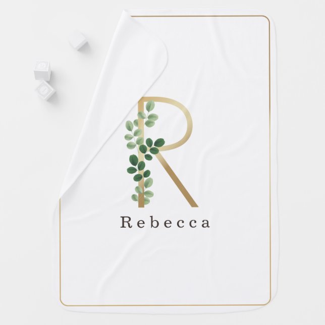 Letter R Elegant Gold + Botanical Greenery Baby Blanket (In Situ)