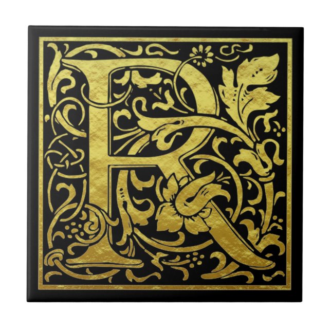 Letter R First Letter Faux Gold Black Ceramic Tile (Front)