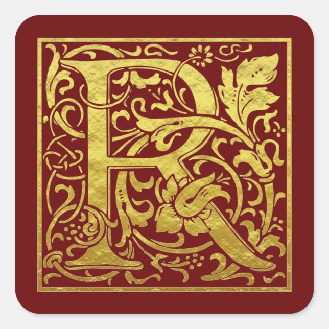Letter R First Letter Faux Gold Red Square Sticker (Front)