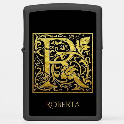 Letter R First Letter Gold on Black Zippo Lighter