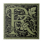 Letter R First Letter Monogram Ceramic Tile<br><div class="desc">Charming decorative letter R initial monogram. Calligraphy style typography. William Morris first letter in black over vintage avocado green vintage book lining with off-white Ginkgo biloba leaves.</div>