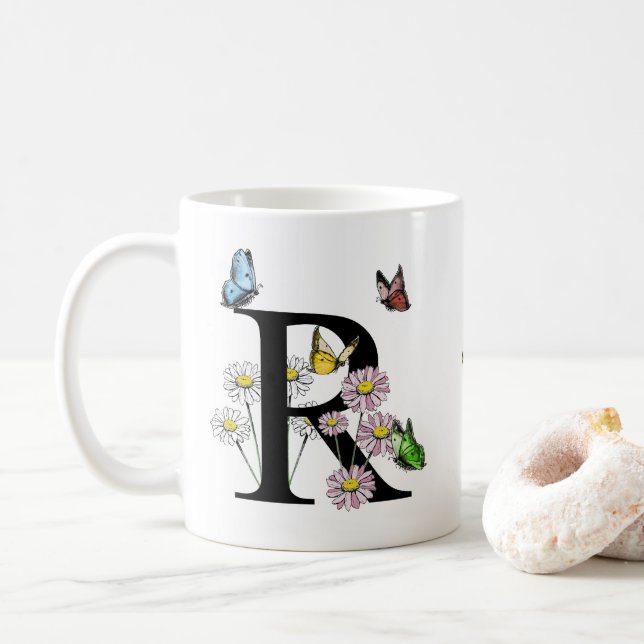 Letter R Floral Butterfly Monogram Initial  Coffee Mug (With Donut)