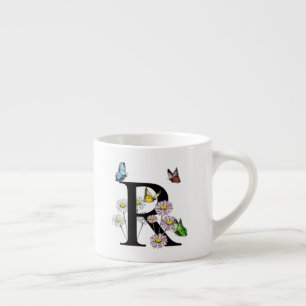 Letter R Floral Butterfly Monogram Initial Espresso Cup
