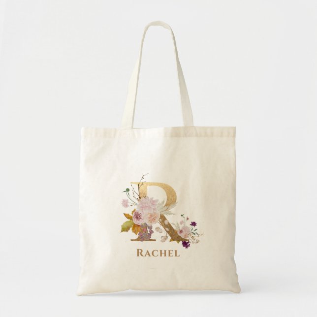 Letter R - Gold Floral Name  Tote Bag (Front)