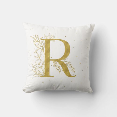 Letter R Gold Monogram Botanical Illustration Throw Pillow