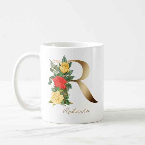 Letter R Gold Monogram Yellow Red Roses Floral Coffee Mug