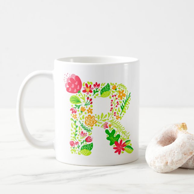 Letter R in Flowers Coffee Mug (With Donut)