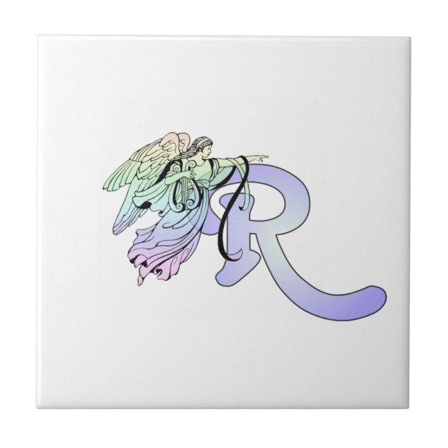 Letter R Initial Monogram Guardian Angel Blue Past Ceramic Tile (Front)
