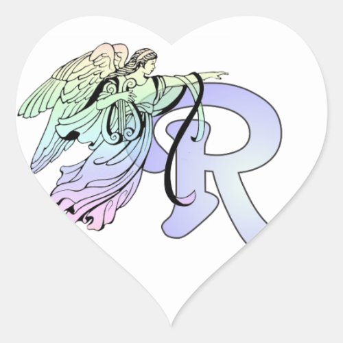 Letter R Initial Monogram Guardian Angel Blue Past Heart Sticker