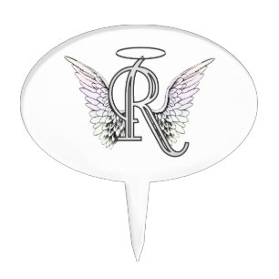Letter R Initial Monogram with Angel Wings & Halo Cake Topper