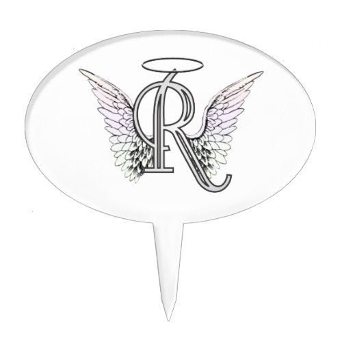 Letter R Initial Monogram with Angel Wings  Halo Cake Topper