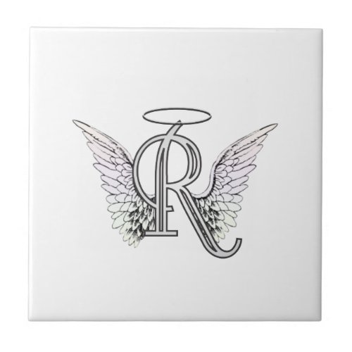 Letter R Initial Monogram with Angel Wings  Halo Ceramic Tile
