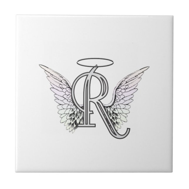 Letter R Initial Monogram with Angel Wings & Halo Ceramic Tile (Front)