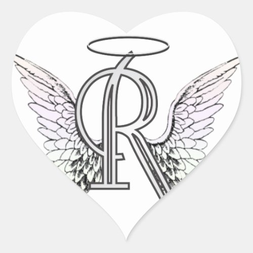 Letter R Initial Monogram with Angel Wings  Halo Heart Sticker