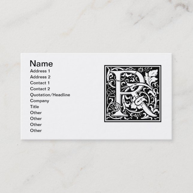 Letter R Medieval Monogram Art Nouveau Business Card (Front)