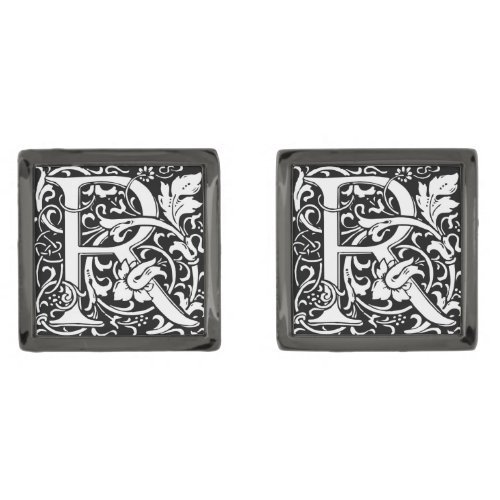 Letter R Medieval Monogram Art Nouveau Gunmetal Finish Cufflinks