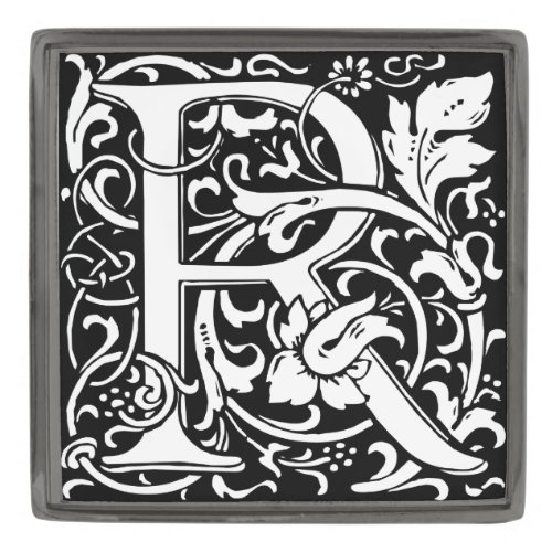 Letter R Medieval Monogram Art Nouveau Gunmetal Finish Lapel Pin