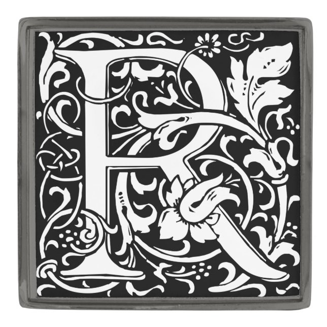 Letter R Medieval Monogram Art Nouveau Gunmetal Finish Lapel Pin (Front)