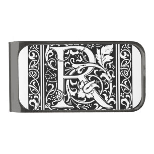Letter R Medieval Monogram Art Nouveau Gunmetal Finish Money Clip