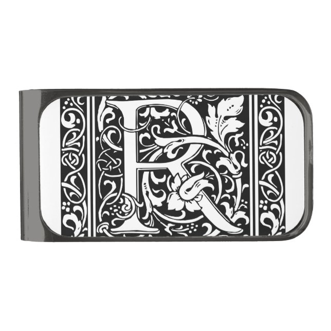 Letter R Medieval Monogram Art Nouveau Gunmetal Finish Money Clip (Front)
