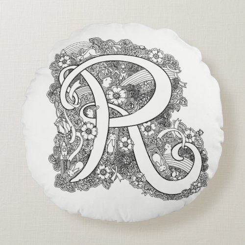 Letter R mono doodle tangled pattern round pillow