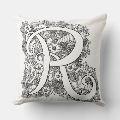 Letter R mono doodle tangled patterned pillow