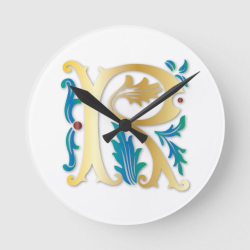 Letter R Monogram Fleur de lis Round Clock