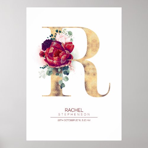 Letter R Monogram Floral Burgundy Red and Gold Poster