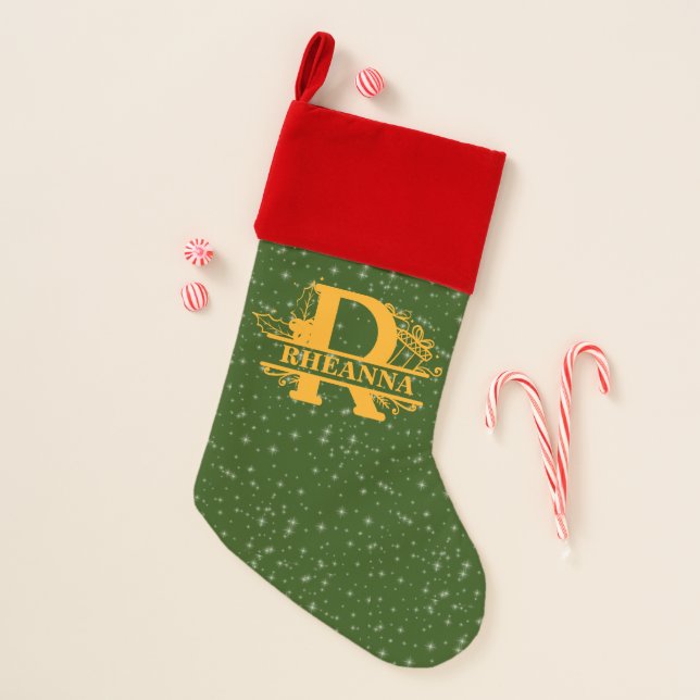 Letter R Monogram Initial Name Gold on Green Christmas Stocking (Front)