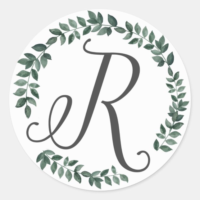 Letter R Monogram Minimalist Botanical Leaf Wreath Classic Round Sticker (Front)