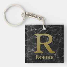 Letter R Monogram on Black Marble Keychain