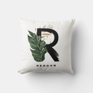 Letter R Monogram Palm Leaves Tropical Throw Pillow