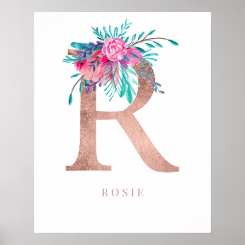 Letter R monogram pink floral rose gold nursery Poster