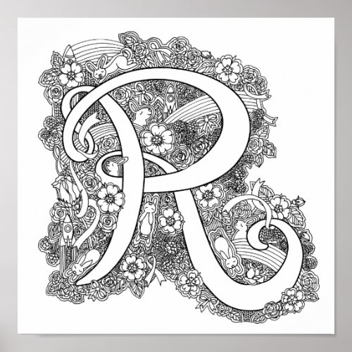 Letter R monogram tangle art coloring in poster