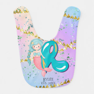 Letter R Monogram Watercolor Cute Mermaid Nursery Baby Bib