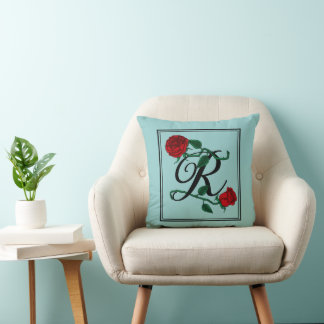Letter R Monogram with Red Roses Turquoise Throw Pillow
