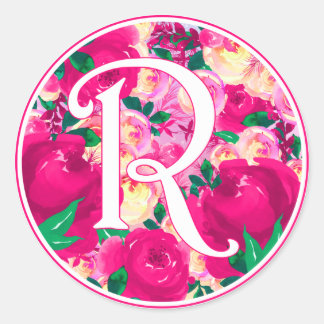 Letter R Pink Watercolor Floral Circle Monogram Classic Round Sticker