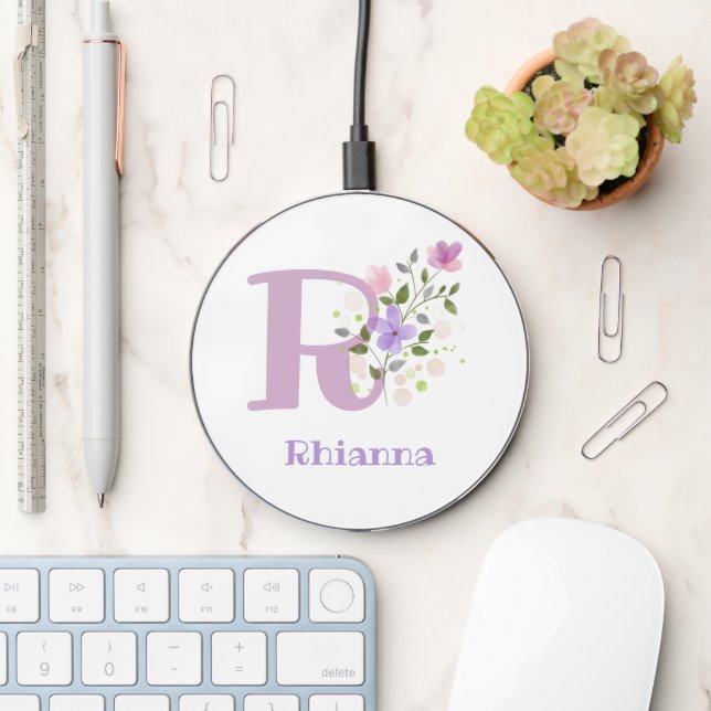 Letter R plus First Name with a Floral Design Wireless Charger (Desk)