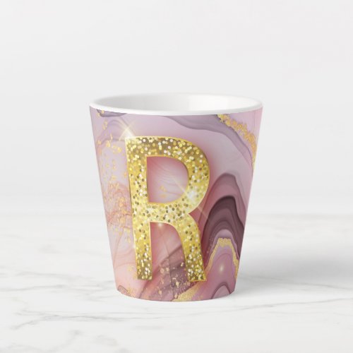 Letter R Pretty Girly RoseGold Glitter Pink Marble Latte Mug