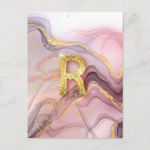 Letter R Pretty Girly RoseGold Glitter Pink Marble Postcard