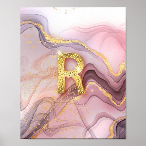 Letter R Pretty Girly RoseGold Glitter Pink Marble Poster