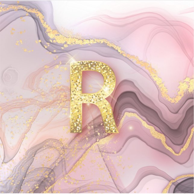 Letter R Pretty Girly RoseGold Glitter Pink Marble Sticker (Front)