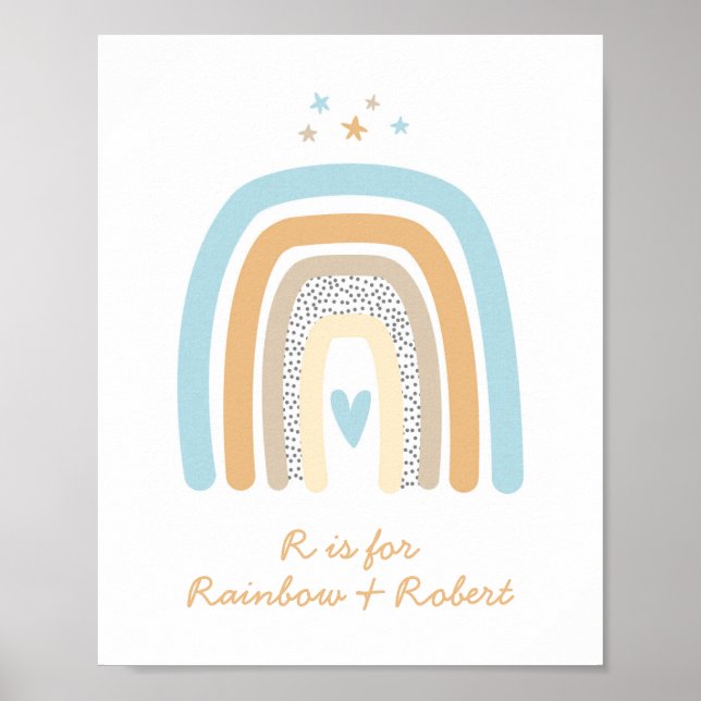 Letter R Rainbow Monogram Name Blue Nursery Wall Poster (Front)