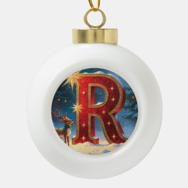 Letter R Reindeer Personalized Monogram Holiday Ceramic Ball Christmas Ornament (Front)